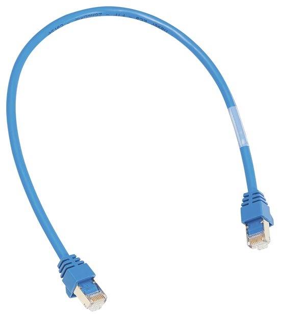 Blaues Ethernet-Netzwerkkabel mit RJ45-Steckern an beiden Enden, gezeigt auf weißem Hintergrund.