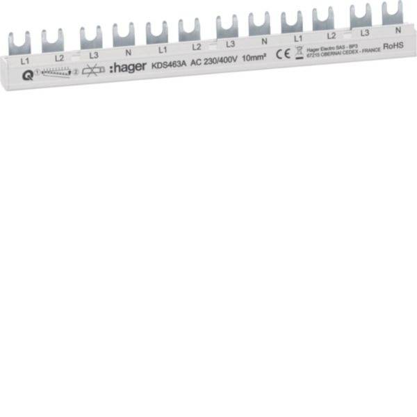 Hager KDS463A AC 230/400V 10mm² elektrische Kammschiene mit beschrifteten Klemmen L1, L2, L3, N.