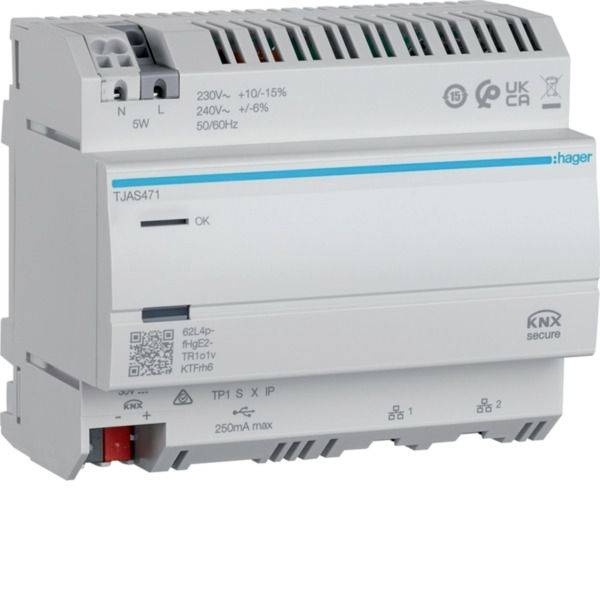 Weißes Hager KNX sicheres Elektrosteuermodul mit der Bezeichnung 