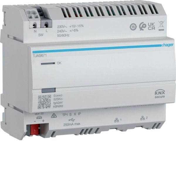 Weißes Hager KNX-Sicherheits-Stromversorgungsmodul mit der Bezeichnung „TJA5671