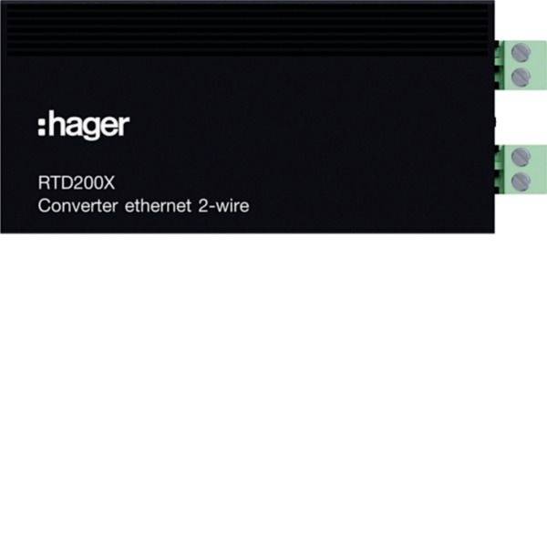 Hager RTD200X Konverter für Ethernet- und 2-Draht-Verbindungen, dargestellt als schwarzes DIN-Schienen-Modul mit Anschlussklemmen.