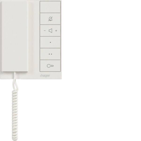 Weißes Wandsprechanlage-Handset mit Spiralkabel und vertikalen Steuertasten, einschließlich Stummschaltung, Lautstärke und Türentriegelung.