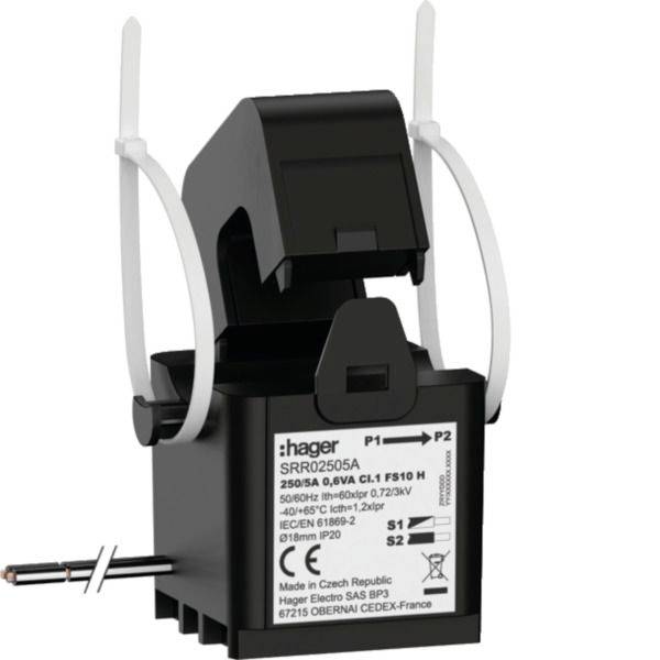 Stromwandler Black Hager SRR2505A mit aufklappbarem Deckel und Seitenschleifen, beschriftet mit P1/P2 und S1/S2, auf weißem Hintergrund dargestellt.