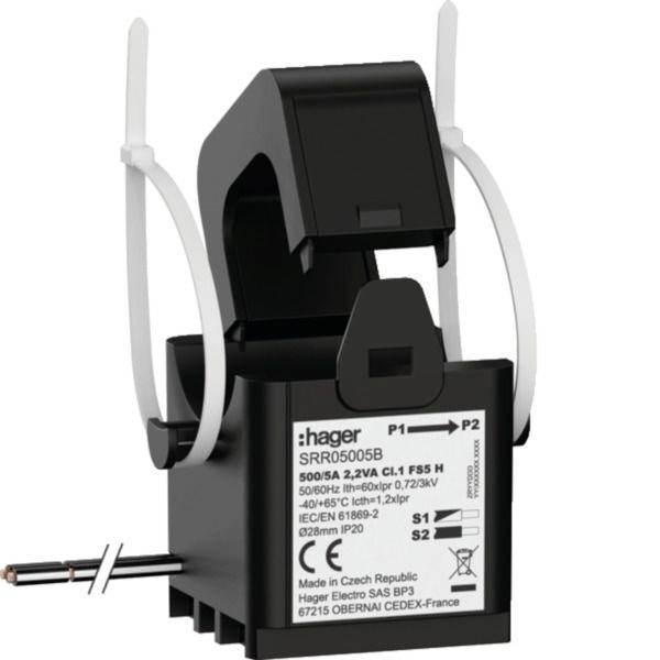 Black Hager electrical sensor module with label and white cable ties, shown isolated on a white background.Schwarzes Hager-Elektrosensormodul mit Etikett und weißen Kabelbindern, isoliert auf weißem Hintergrund dargestellt.