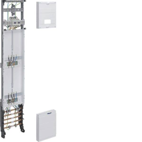 Wandmontierter Elektroverteiler mit freiliegender Verkabelung, Schutzschaltern und separelem Abdeckpanel, das daneben und darunter dargestellt ist.