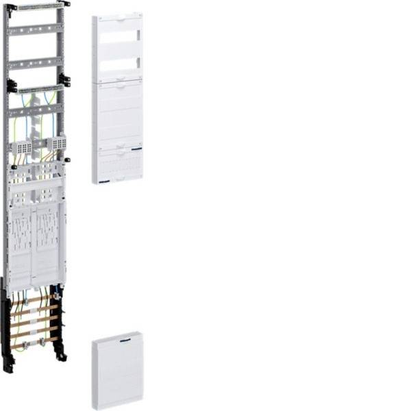 Explodierte Darstellung eines an der Wand montierten Elektroverteilerpanels mit separierten Abdeckungs- und Fronttürteilen vom internen Verdrahtungsrahmen.