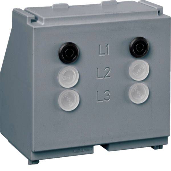 Grauer elektrischer Verteilkasten mit drei beschrifteten Anschlüssen L1, L2 und L3 auf der Vorderseite, jeweils mit gepaarten schwarzen und transparenten Kabelanschlüssen.