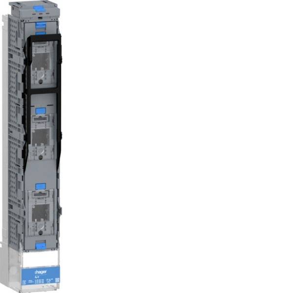 Hohes graues Elektroschutzschalter-Modul mit blauer Hager-Branding, vor weißem Hintergrund gezeigt.