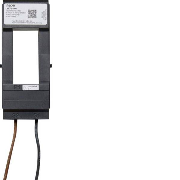Schwarzes Hager-Elektrogerät mit beschrifteten Anschlüssen und zwei angeschlossenen Drähten auf weißem Hintergrund.