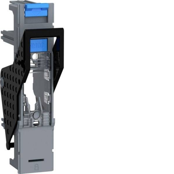 Nahaufnahme eines grauen elektrischen Geräts mit einem blauen oberen Modul und schwarzer Schutzabdeckung, dargestellt in einer produktartigen isolierten Ansicht.
