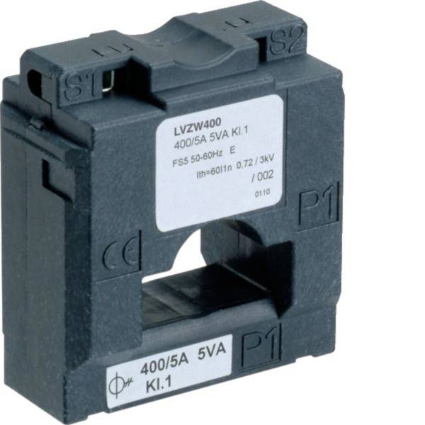 Schwarzer Stromwandler mit elektrischem Anschluss, beschriftet mit „LVZW400 400/5A 5VA K1.1