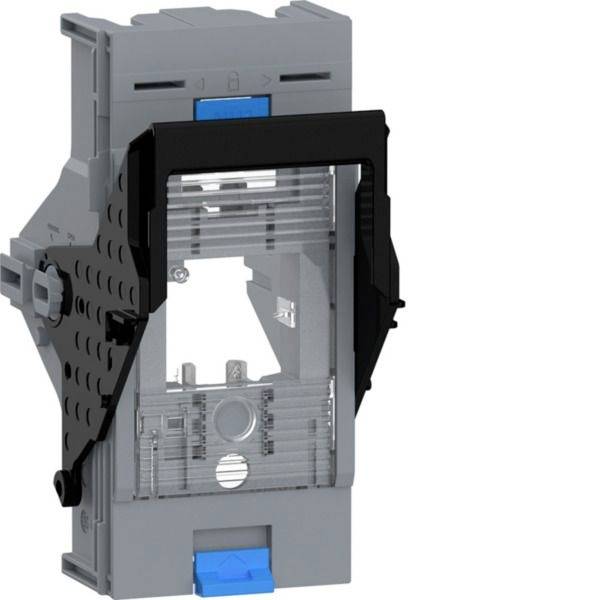 Graues elektrisches Schutzschalter- oder Schaltmodul mit schwarzer transparenter Frontabdeckung und blauen Entriegelungslaschen, isoliert auf weißem Hintergrund dargestellt.
