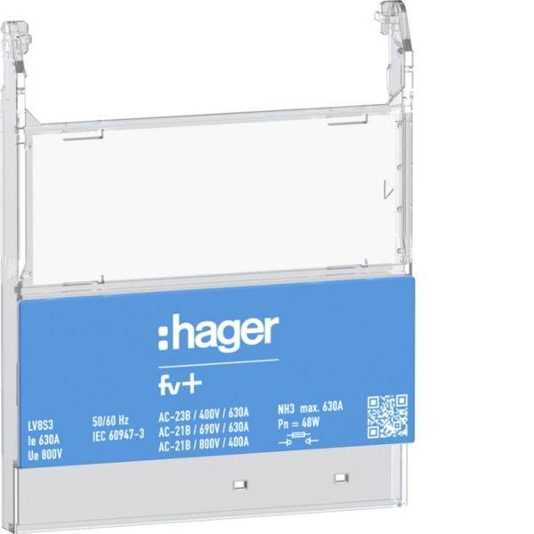 Transparentes Hager-Elektroschutzschaltermodul mit blauem Etikett, das die Nennwerte 630A, 800V und fV+-Branding zeigt.