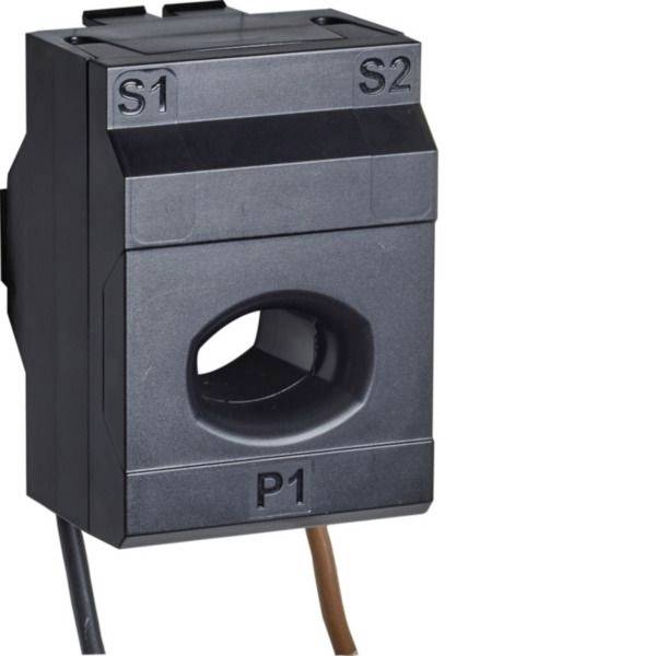 Stromsensor mit Ringkern und Öffnung, gekennzeichnet mit S1, S2 und P1, zeigt elektrische Anschlüsse und Drähte.