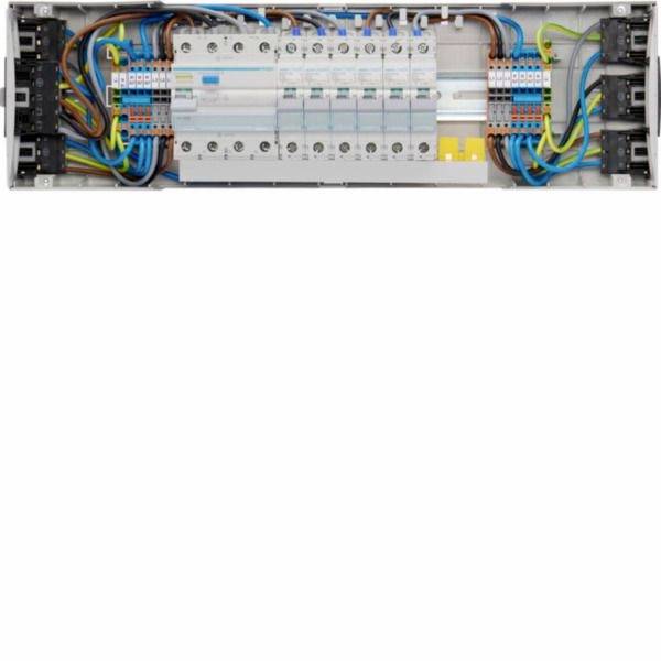 Elektrisches Schaltschrank mit Schutzschaltern, Klemmenleisten und mehrfarbigen Leitungen in einem Metallgehäuse.
