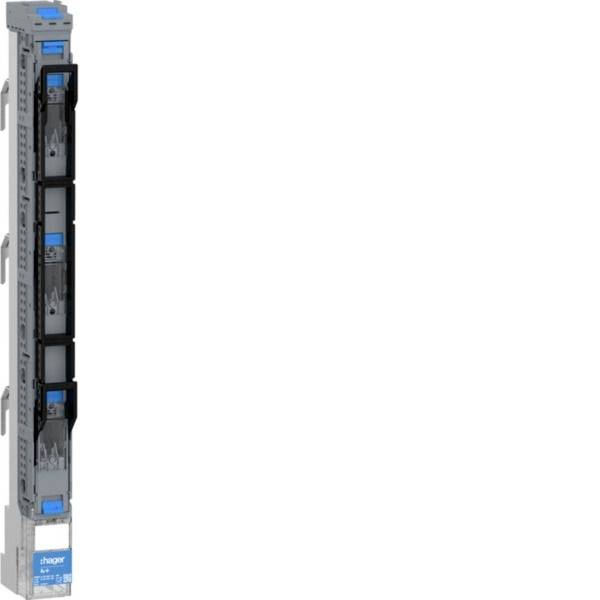 Vertikal montiertes Industrie-Modul in Rackbauweise mit drei schwarzen Anschlüssen und blauen Beschriftungen auf weißem Hintergrund.