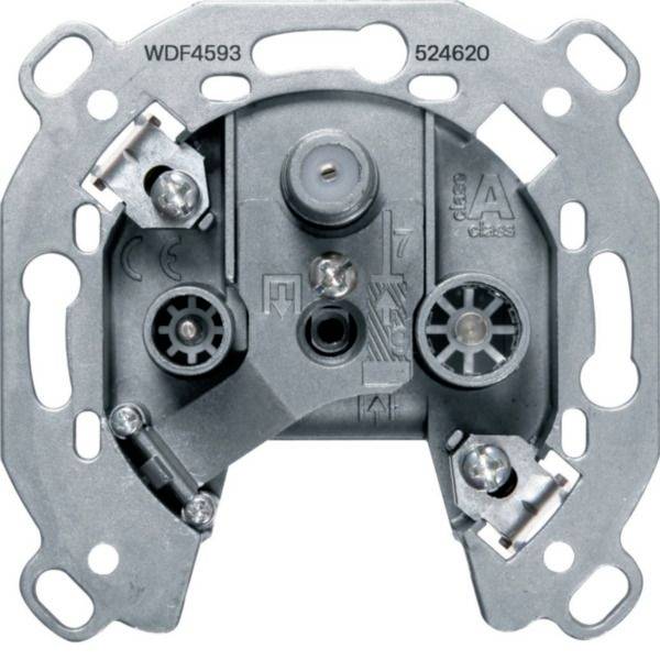 Metall-Elektrosteckdose oder Schalter-Mechanismus mit Befestigungsrahmen und Anschlussklemmen, Vorderansicht auf weißem Hintergrund.
