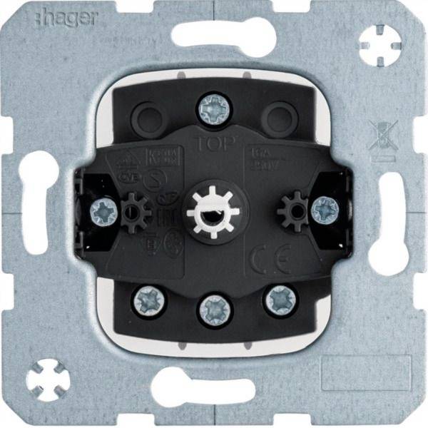 Ein Hager-Elektroschalter-Wandmechanismus mit einem Metallmontageflansch und einer schwarzen Zentraleinheit, die Schraubklemmen und eine zentrale Kontrollwelle zeigt.