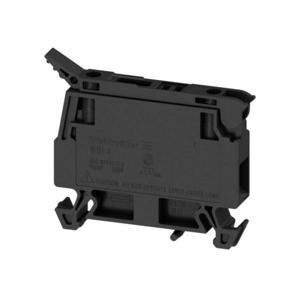 Schwarze elektrische Anschlussleistenmodule mit Spannhebeln, isoliert auf weißem Hintergrund dargestellt.