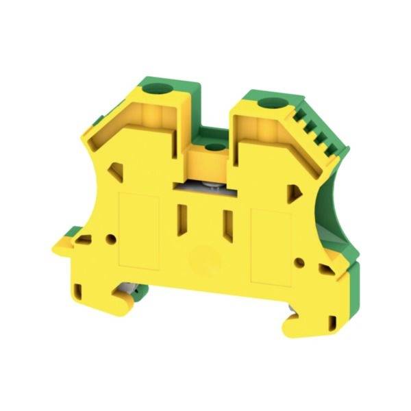 Gelb-grüner DIN-Schienenklemmenblock-Stecker, in 3D auf weißem Hintergrund dargestellt.