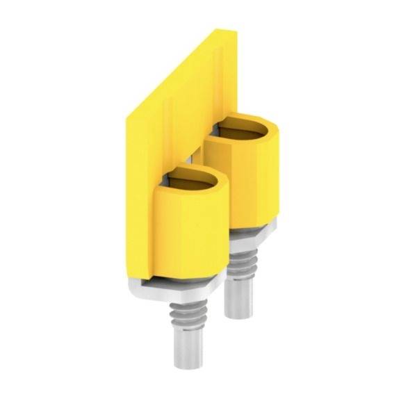 Gelber doppelkammer-Elektrostecker mit zwei Metallkontakten, dargestellt auf weißem Hintergrund.