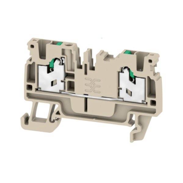 Beige-farbiger elektrischer Klemmleistenverbinder mit zwei Metall-Klemmkontakten, dargestellt im Querschnitt auf weißem Hintergrund.