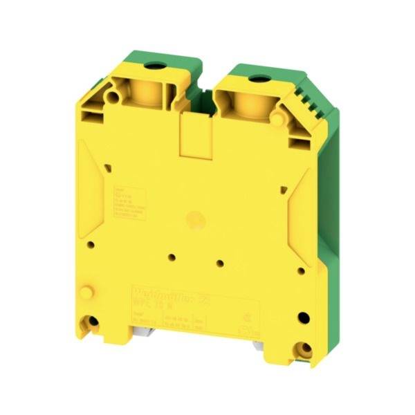 Gelb-grüner Elektrikerklemmblock oder DIN-Schienenmodu­l, in 3D auf weißem Hintergrund dargestellt.