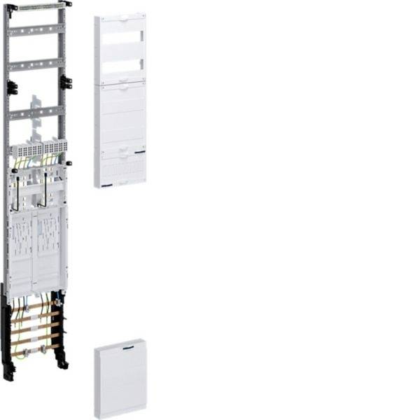 Wandmontierter elektrischer Schaltschrank, geöffnet mit internen Komponenten, neben zwei abnehmbaren weißen Frontabdeckungen.