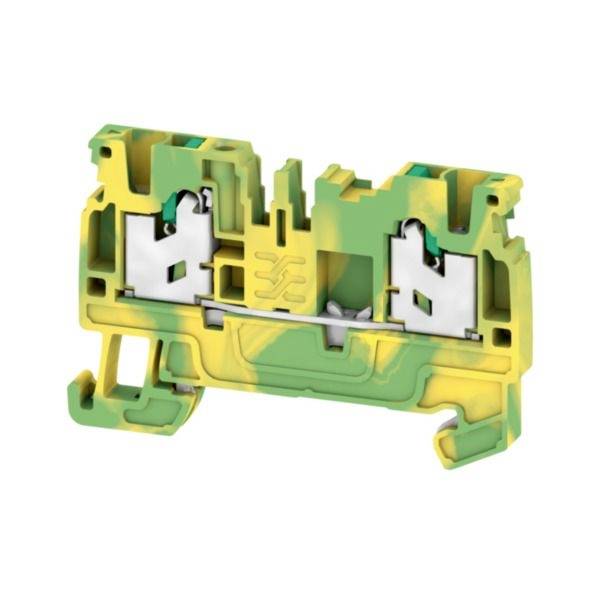 Querschnitt eines grünen und gelben elektrischen Anschlussblocks mit zwei sichtbaren Drahtklemmverbindungen im Inneren.