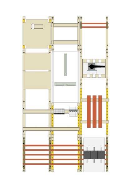 Schematische Darstellung eines modularen Strukturrahmens mit Paneelen, Trägern und Verbindungselementen, die in einem Gitter angeordnet sind und verschiedene Komponentenplatzierungen und lasttragende Abschnitte zeigen.