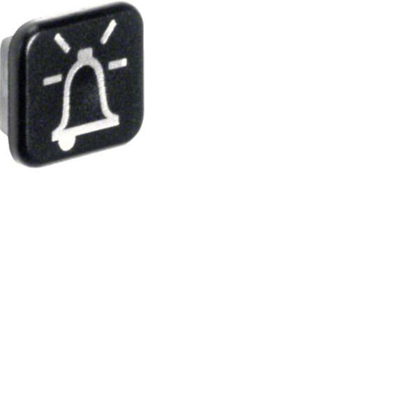 Nahaufnahme einer schwarzen quadratischen Schaltfläche mit einem weißen Glockensymbol, das wahrscheinlich eine Benachrichtigung oder einen Alarm anzeigt.