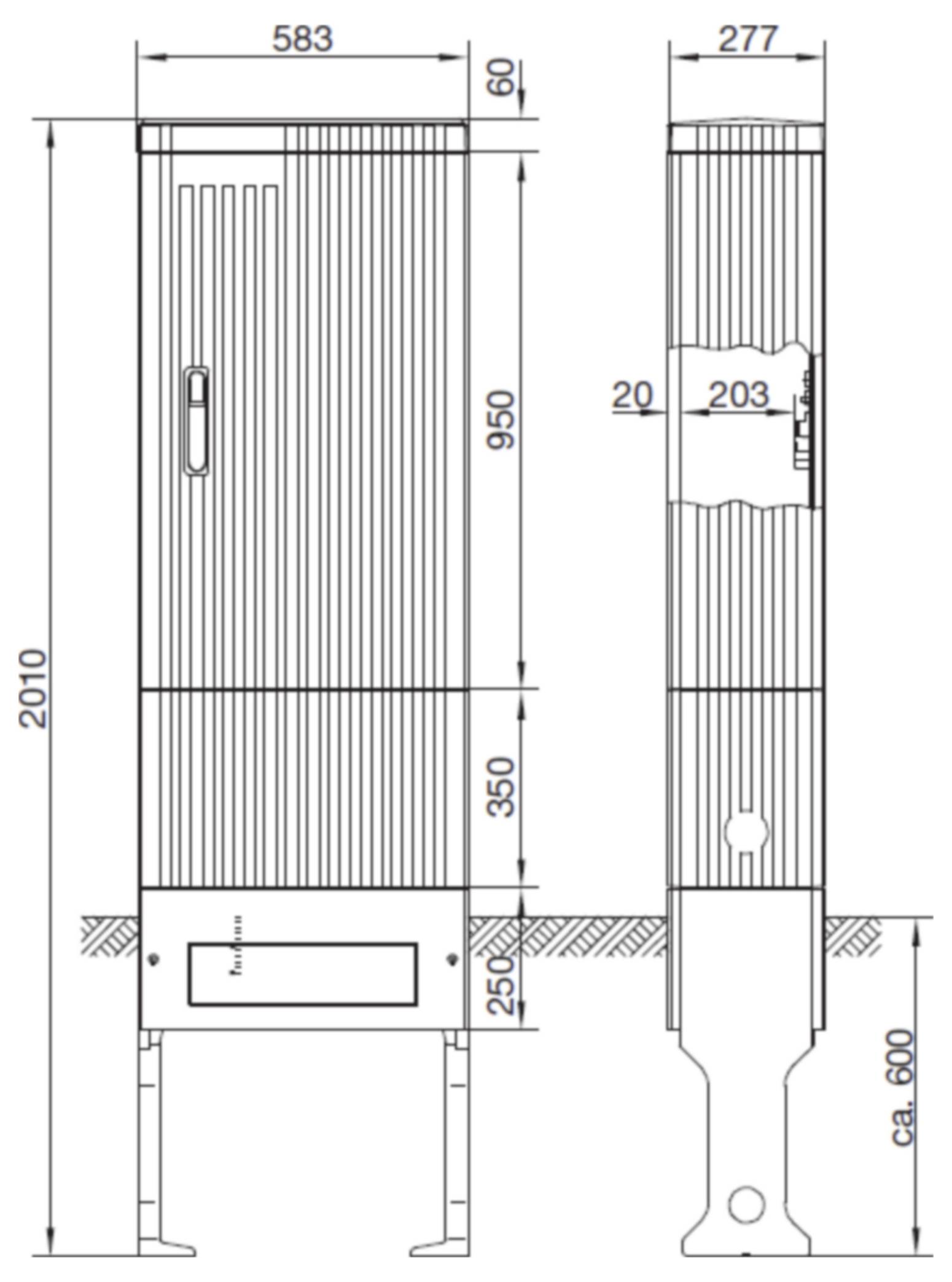 Technische Strichzeichnung eines hohen Schranks oder einer Heizungsanlage im Gehäuse, dargestellt in Vorder- und Seitenansicht mit Abmessungen: 2010 mm Höhe, 583 mm Breite, 277 mm Tiefe.