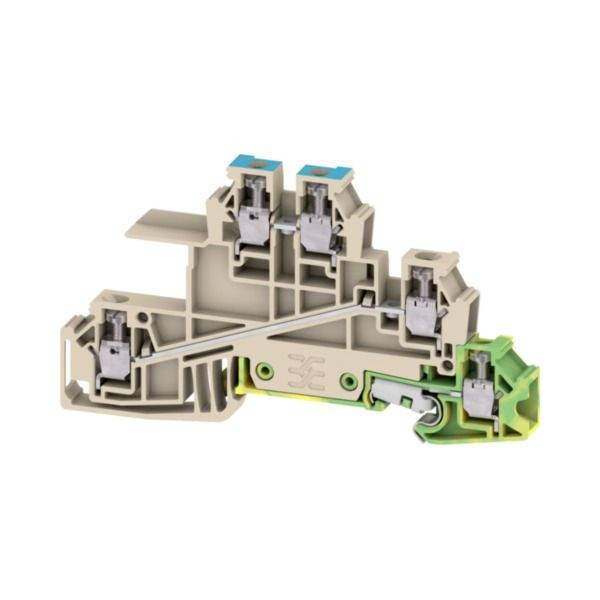 Schnittansicht eines Elektroanschlussblocks mit internen Metallkontakten und Verdrahtungskanälen in beige- und grünfarbiger Kunststoffumhausung.