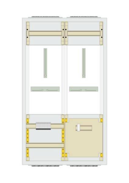 Vorderansicht eines zweitürigen mechanischen Schranks oder Geräts mit beigefarbenem Rahmen, zwei hohen schmalen Fensterfeldern und unteren Zugangsblenden