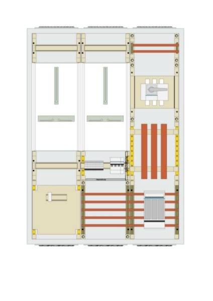 Draufsicht-Technisches Schaltschema eines Elektroverteilerpanels mit Schaltern/Modulen, Verdrahtungskanälen und Sammelschienen in drei vertikalen Abschnitten angeordnet.