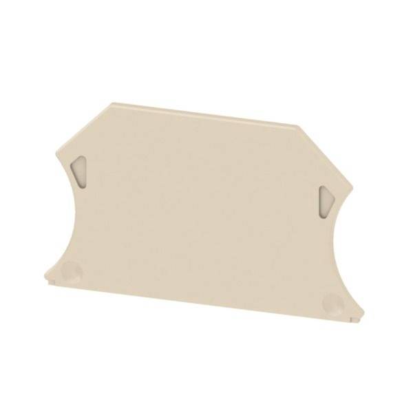 Beige-farbiges Kunststoffpaneel mit geschwungenen Seitenschnitten und kleinen Eckzungen, auf einfach weißem Hintergrund dargestellt.