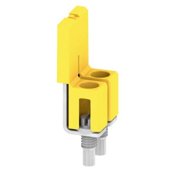 Gelber Elektroklemmenblock-Stecker mit zwei oberen Anschlussöffnungen und Metall-Befestigungsstift, isoliert auf weißem Hintergrund dargestellt.