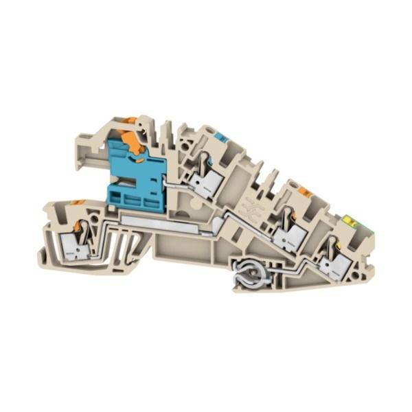 Querschnittsdiagramm eines modularen elektrischen Klemmblocks mit internen Verdrahtungskanälen, Kontaktpunkten und farbigen Verbindungsindikatoren.