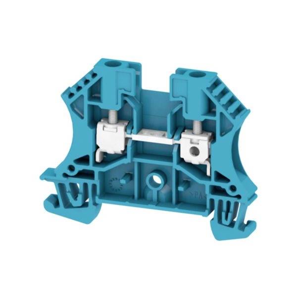 Querschnitt eines blauen Elektriklemmenblocks mit internen Schraubklemmen und Metallverbindungsbrücke.