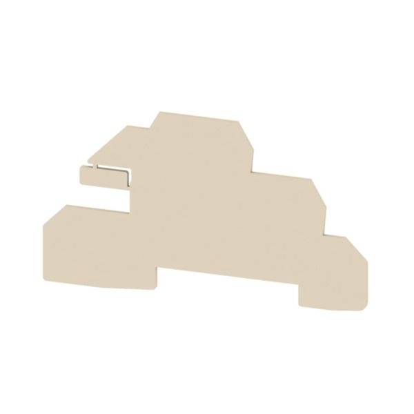 Beige abstrakte gestaffelte Blockform auf weißem Hintergrund.