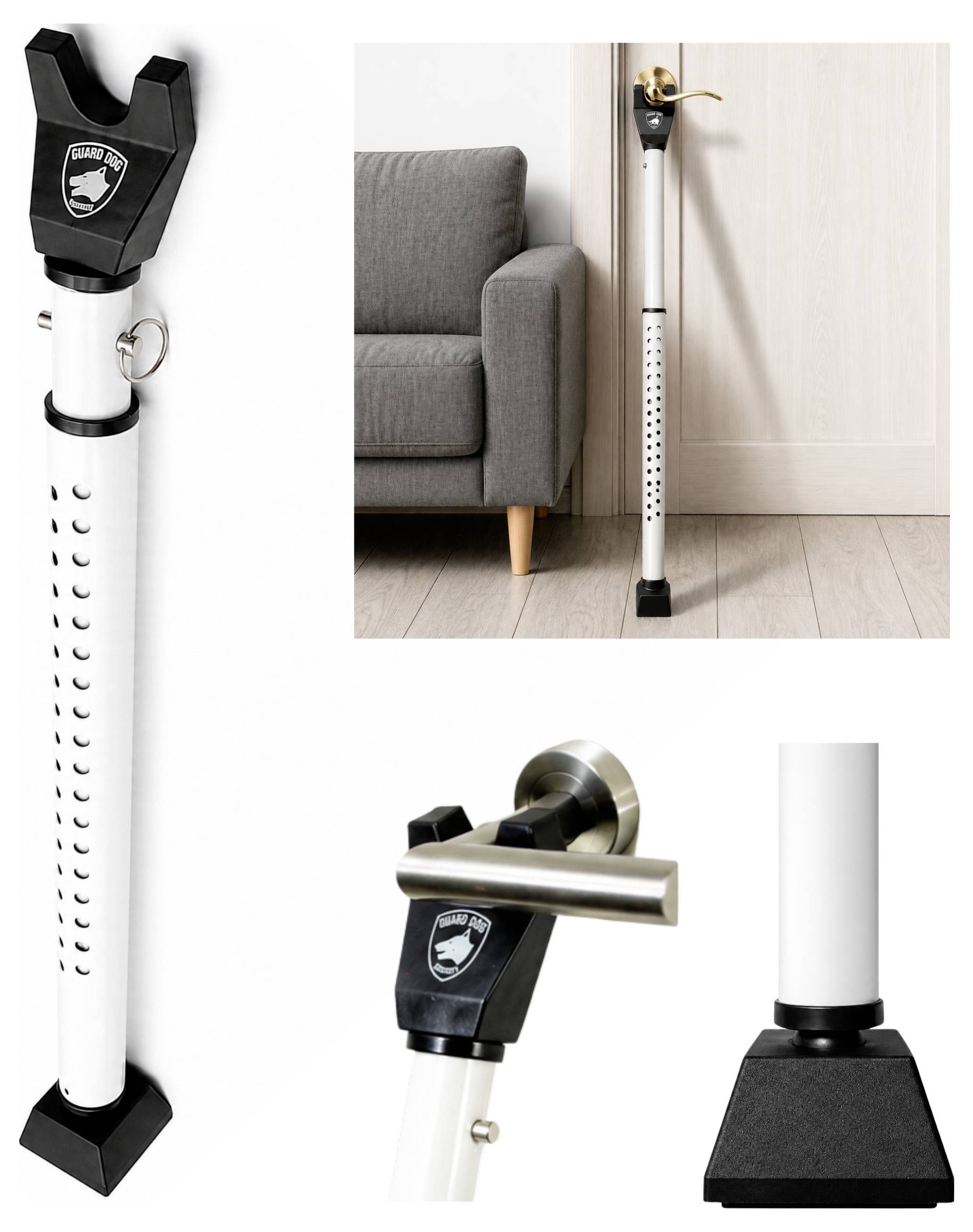 Ein verstellbarer weißer Gehstock mit schwarzem ergonomischem Griff und Gummiaufsatz, dargestellt aufrecht stehend und in Gebrauch neben einem Sofa und einer Tür.