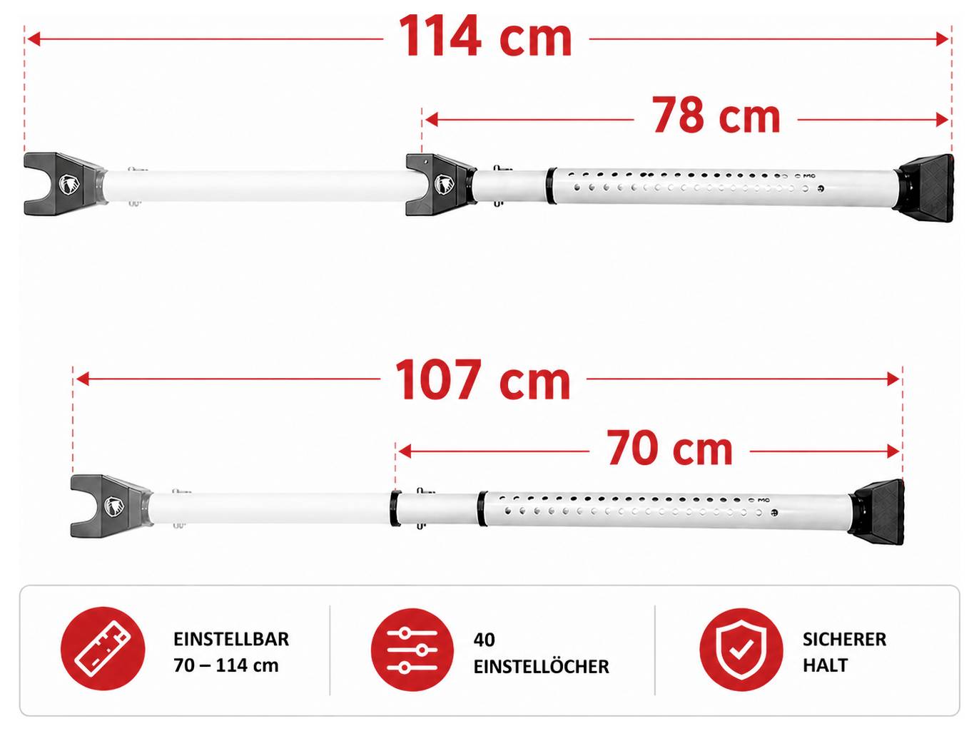 Grafik eines verstellbaren Werkzeugs mit zwei Längen: 70–114 cm. Markiert sind 40 Einstelllöcher und sicherer Halt.