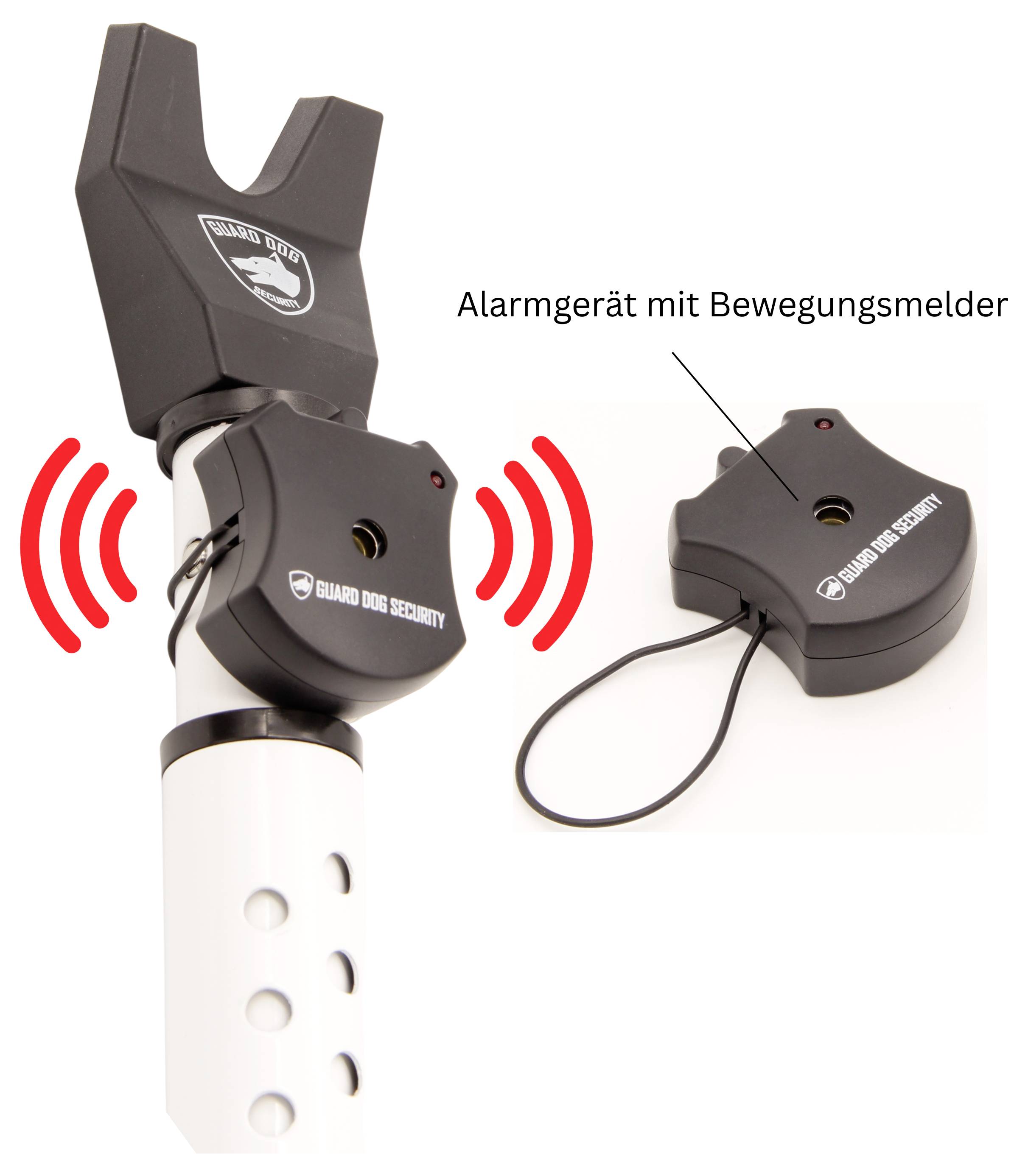 Alarmgerät mit Bewegungsmelder: schwarzes Sicherheitsgerät wird an einem weißen Rohr befestigt, mit Funk-/Warnsymbolen; rechts ist der Sensor einzeln gezeigt.
