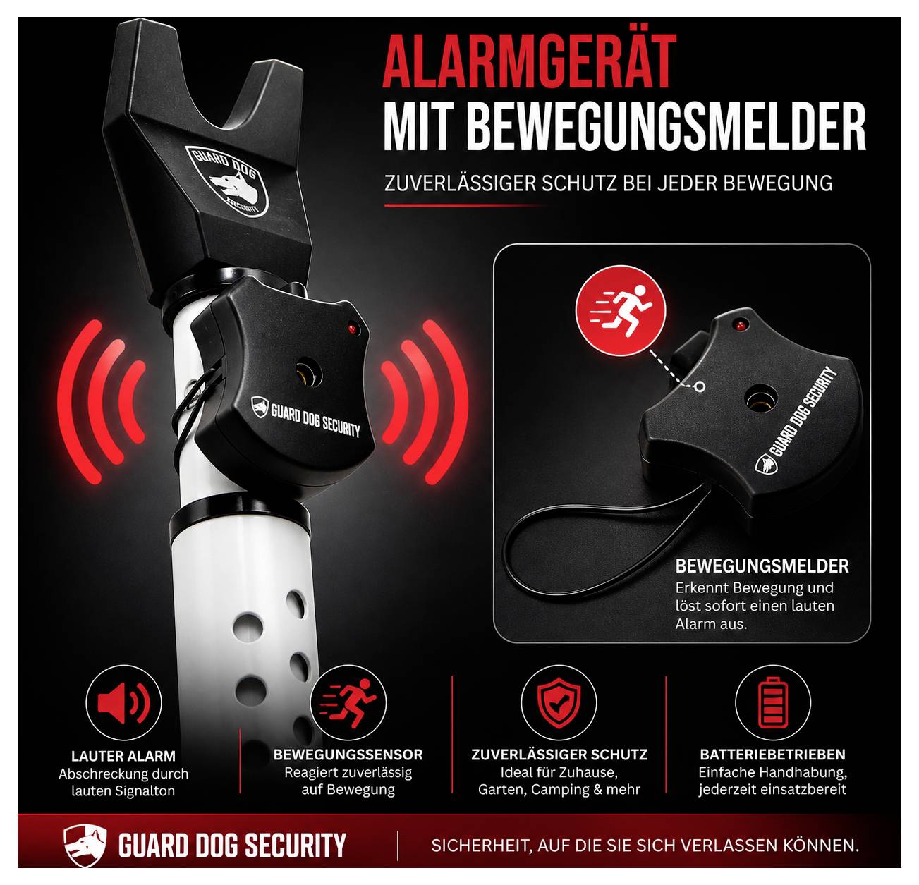 Werbeplakat für ein 'Alarmgerät mit Bewegungsmelder': schwarzes GUARD DOG SECURITY-Gerät mit roten Signalwellen, dazu Schutz-, Batterie- und Bewegungsmelder-Hinweise.