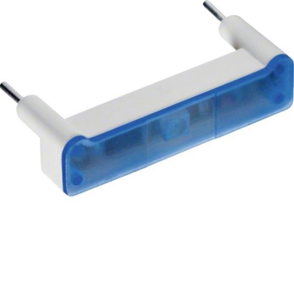 Blauer und weißer zweipoliger Elektrostecker oder Sicherungshalter auf einem einfachen weißen Hintergrund gezeigt.