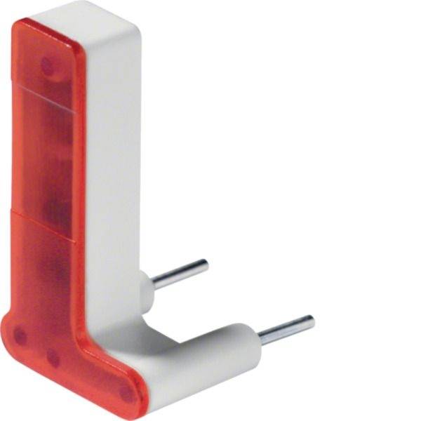 L-förmiger Kunststoff-Elektrostecker-Adapter mit zwei Metallstiften, weißem Gehäuse und rotem durchscheinendem Seitendeckel.
