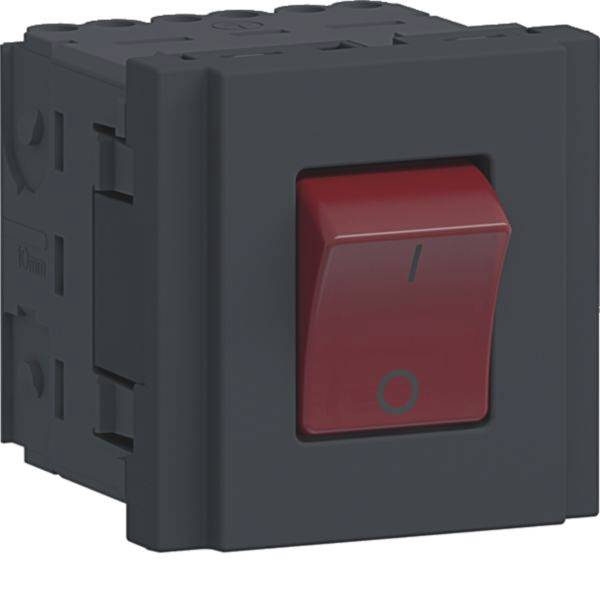 Schwarzes Wandschaltermodul mit rotem Wippschalter, gekennzeichnet mit I und O für Ein-/Ausschaltsteuerung.