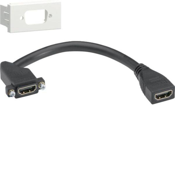 HDMI-Buchse-zu-Buchse-Adapterkabel mit Befestigungswinkel zum Verbinden zweier HDMI-Kabel durch ein Paneel.