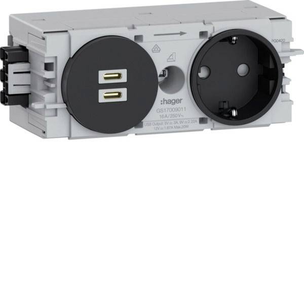 Doppeltes elektrisches Wandauslass-Modul mit einem USB-Ladeanschluss und einer europäischen Steckdose, dargestellt in einem grauen Montageschacht.