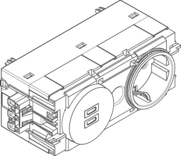 Isometrische technische Zeichnung eines automobilen Elektrostecker-Moduls mit einer runden Vorderseite und Kabelbaum-Öffnung, dargestellt als weiße Linienzeichnung auf einfachem Hintergrund.